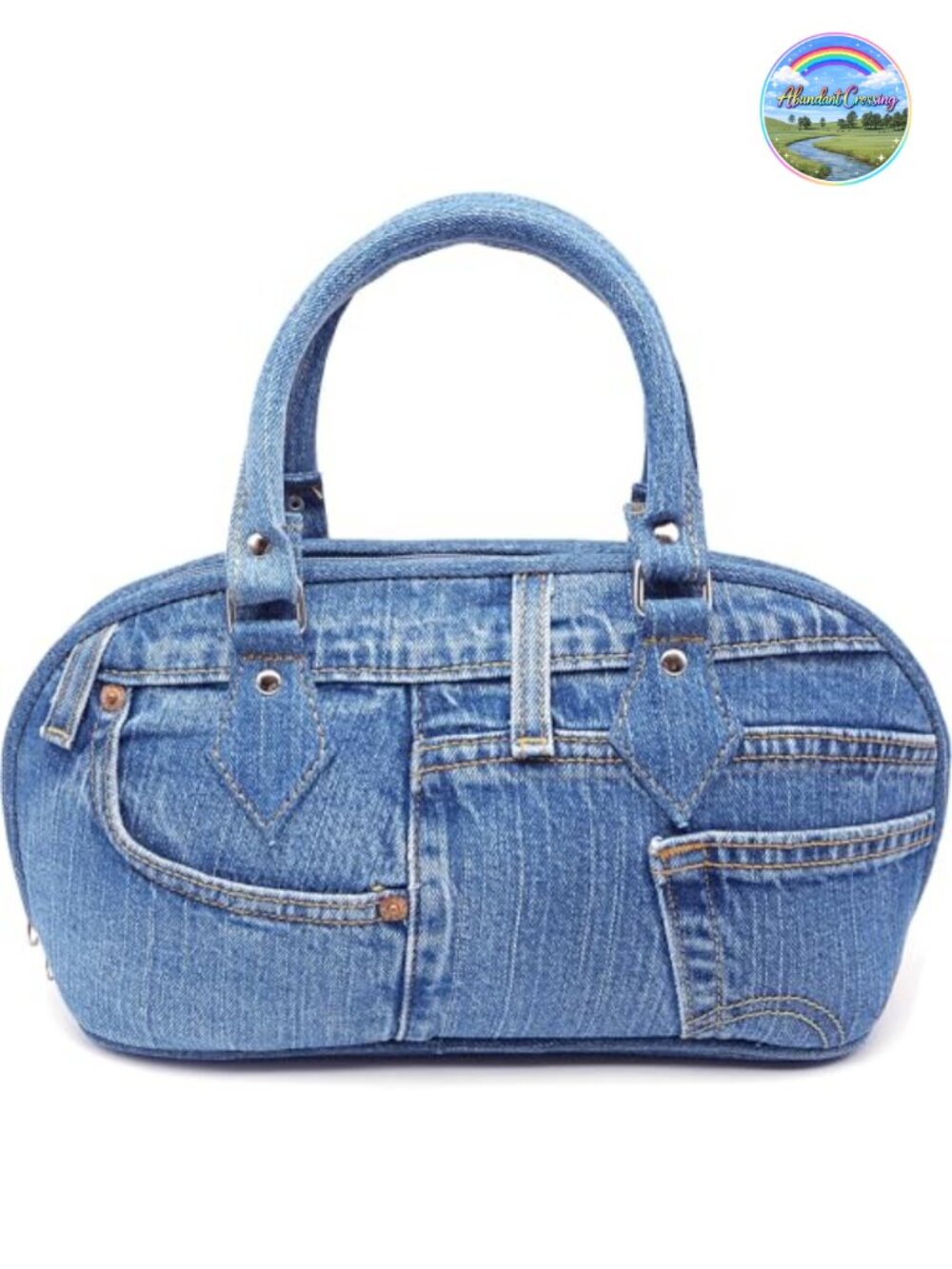 Upcycled Denim Curved Satchel Top Handle Handbag Purse